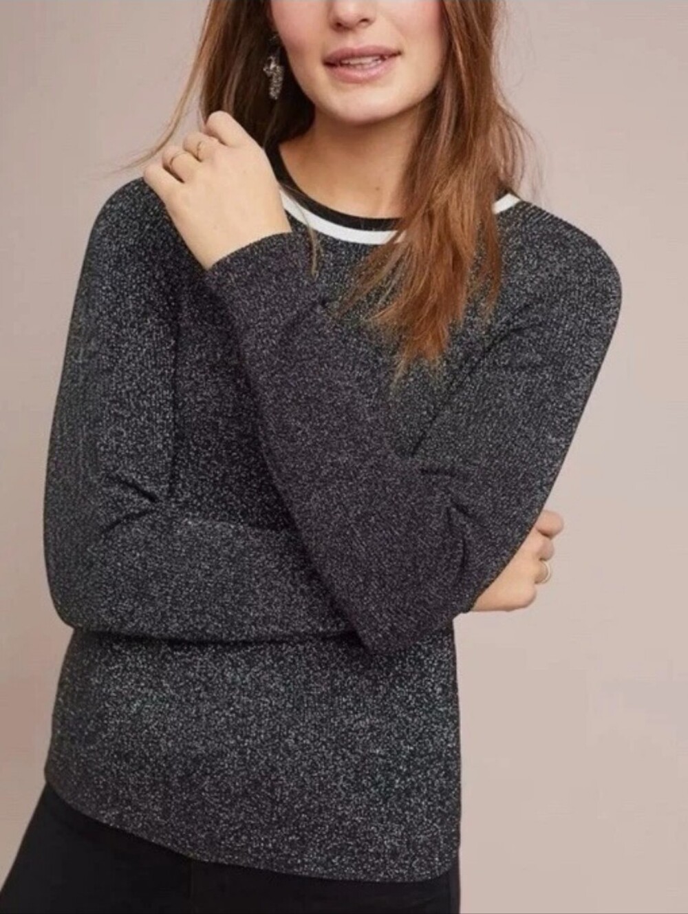 NWT ANTHROPOLOGIE Moth Valeria Shine Shimmer Sweater Top Sz Medium Black